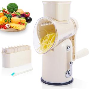Manual Rotary Cheese Grater with Handle, 5 in 1 Replaceable Stainless Blades Cheese Shredder,Strong Suction Base Vegetable Slicer with Cleaning Brush & Bonus Storage Box for Blades (white)