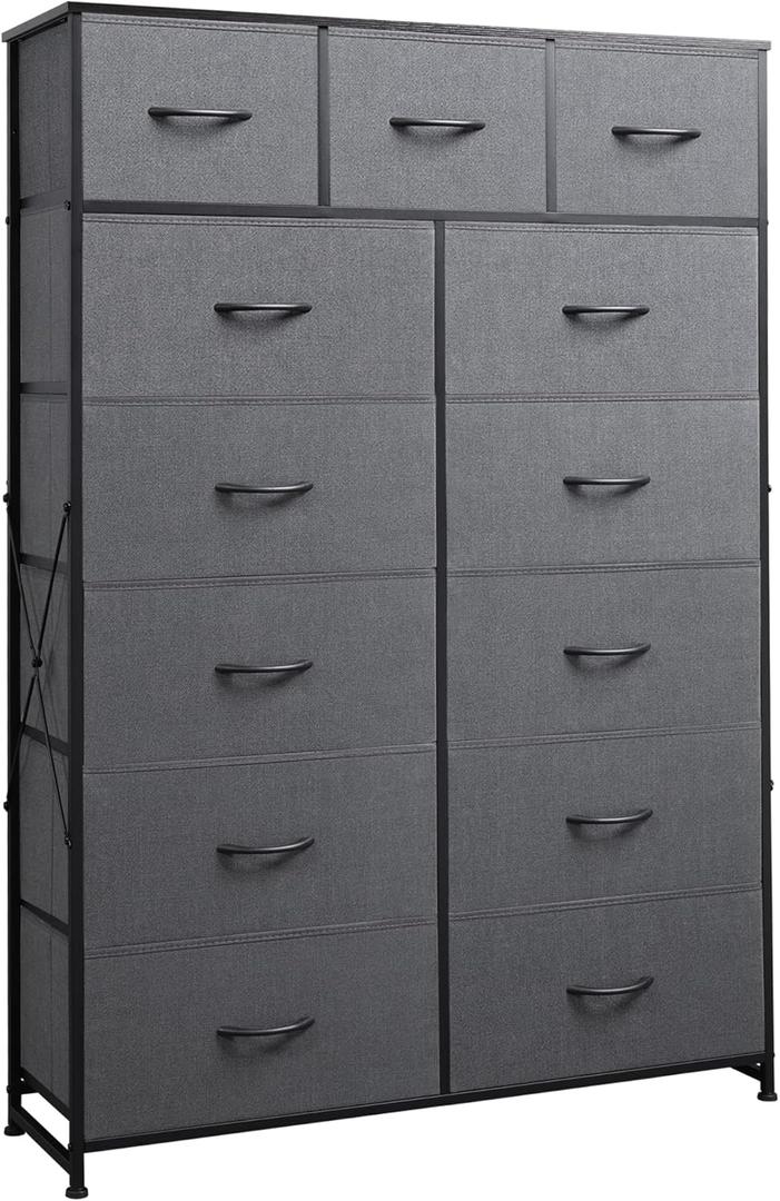 WLIVE Tall Dresser for Bedroom with 13 Drawers, Storage Organizer Unit, Fabric Dresser for Bedroom, Closet, Chest of Drawers with Fabric Bins, Steel Frame, Wood Top, Dark Grey