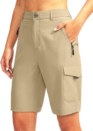 Women's 10" Hiking Golf Long Shorts with 5 Pockets Knee Length Lightweight Quick Dry Cargo Bermuda Shorts for Women L