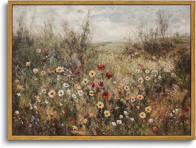OIQArtOIQ Vintage Wildflowers Landscape Wall Art Framed Floral Natural Scenery Oil Painting Canvas Prints Country Farmhouse Fall Decor Pictures Kitchen Bedroom Living Room Bathroom (16x24 in)