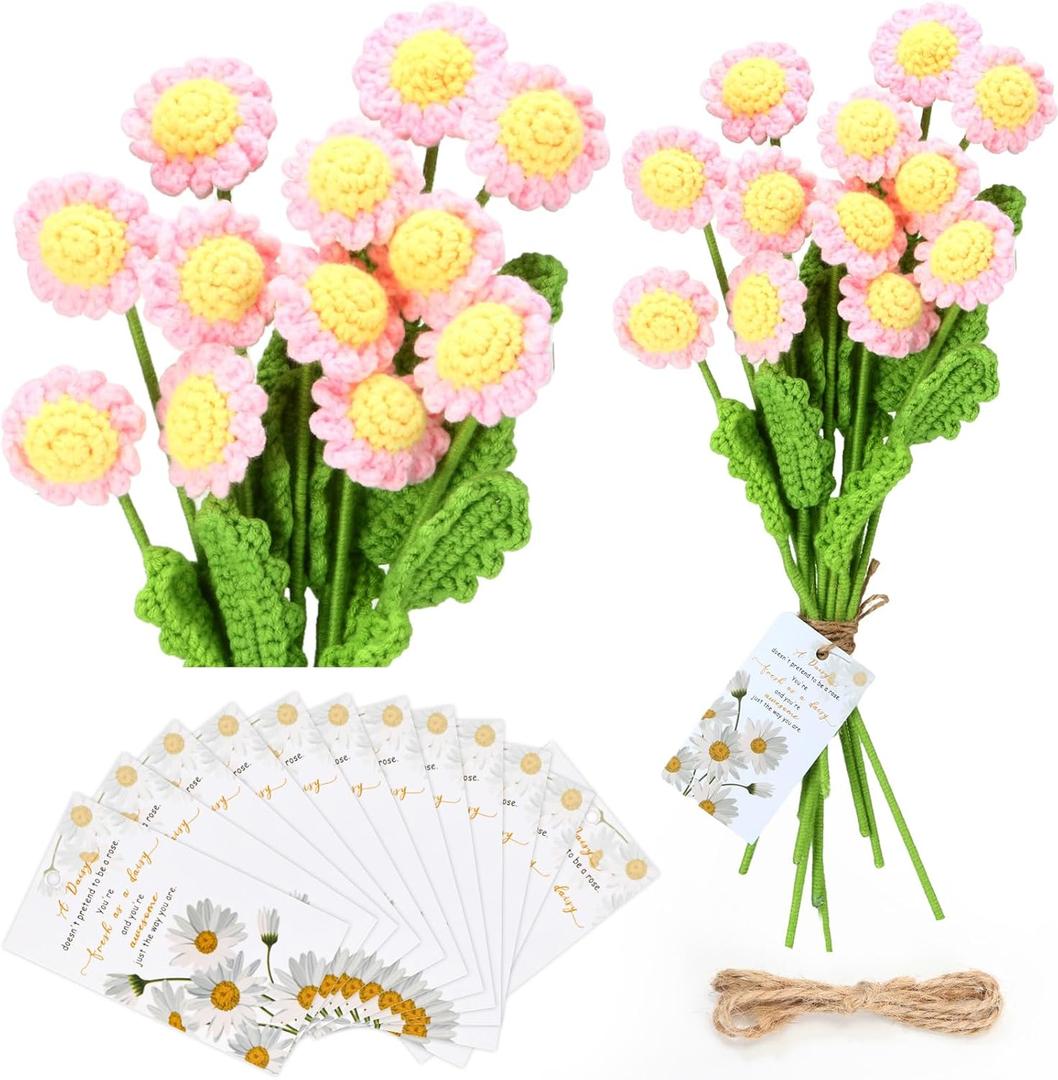Tigeen 12 Sets Crochet Flower Bouquet Bulk Daisy Knitted Flower Bouquet Crochet Daisy and Awesome Cards Employee Appreciation Gifts for Teachers Staff Coworkers Nurse (Pink)