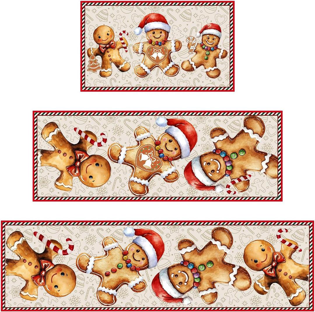 Christmas Kitchen Rugs, Sets of 3 Non-Slip Washable Rug with Rubber Backing Christmas Decoration for Home Comfort Floor Mat for Entryway, Hallway - Gingerbread Man, 17"x30"+17"x47"+17"x59"