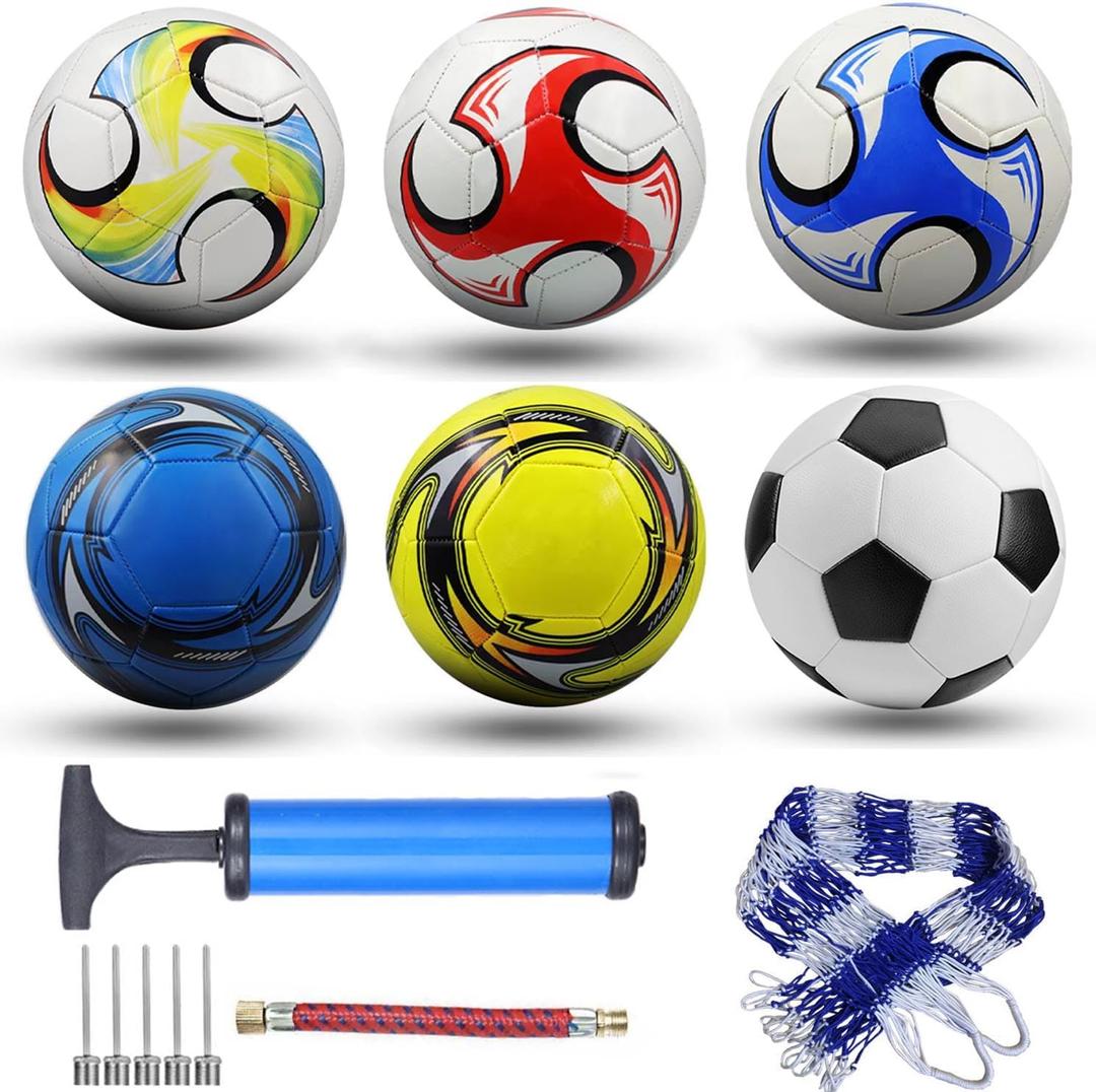 6 Pack Classic Soccer Balls Size 5 with Pump and Net Bag - Training and Practice for Adults, Indoor and Outdoor Competition