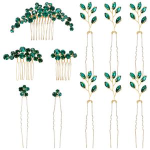 inSowni 11 Pieces Vintage Emerald Green Headpieces Party Prom Wedding Bridal Rhinestone Hair Side Combs Slides+U-shaped Hair Pins Accessories for Brides Bridesmaids Women Girls