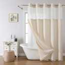 Boho Farmhouse No Hook Shower Curtain Set with Snap-in Fabric Liner,Heavy-Duty Linen Textured Rustic Striped Design,Water-Repellent with Tassels and Sheer Window,Cream/Beige,71x74
