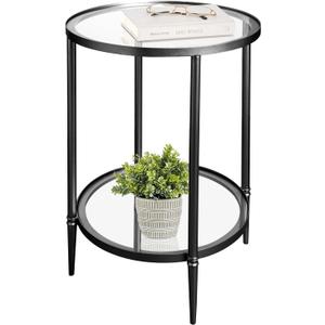 2 Tier Round Side Table, Black End Table with Glass Top, Modern Metal Clear Coffee TableSmall Accent Tables for Living Room, Bedroom, 18" x 18" x 24"