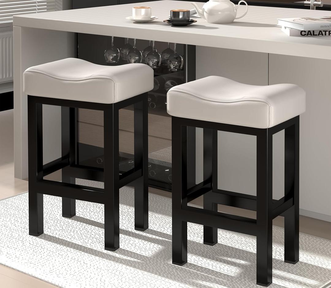 Bar Stools Set of 2, 24 Inch Counter Height BarStools for Kitchen Island, Faux Leather Thick Saddle Seats & Heavy Duty Metal Base, Easy Assembly (White,24 inch)