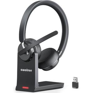 awatrue Wireless Headset with Mic for Work, Bluetooth Headphone with AI Noise Cancelling Mic for Clear Calls, Bluetooth 5.3 & 2.4G Dongle, Computer Headset for Call Center/PC/Zoom