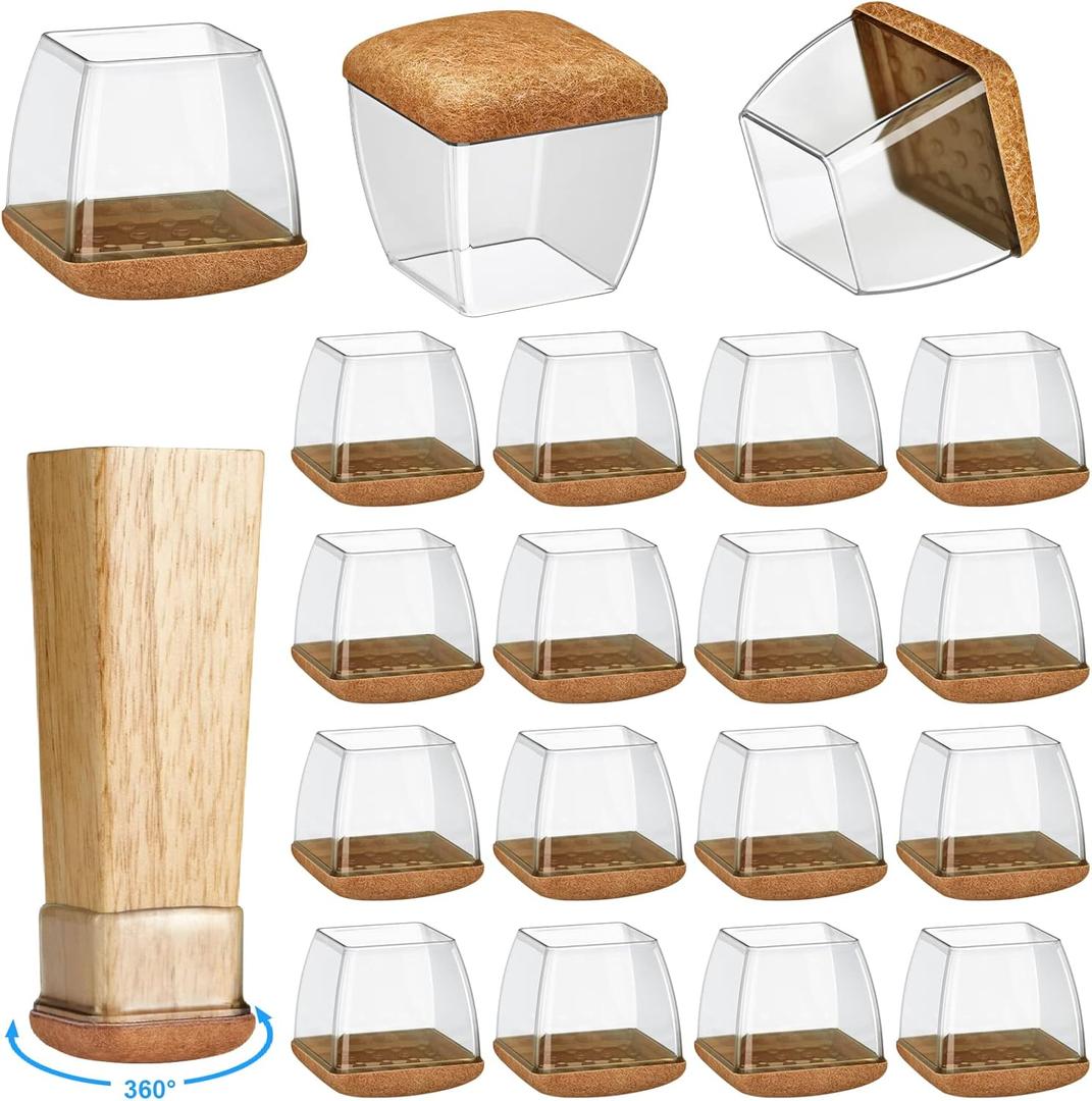 16 Pack Chair Leg Floor Protectors for Hardwood Floors, Round Rubber Furniture Sliders, 360 Felt Pad Bottom Wrapped Thickening Silicone Furniture Legs Caps Covers(Square, Clear-Brown-L)