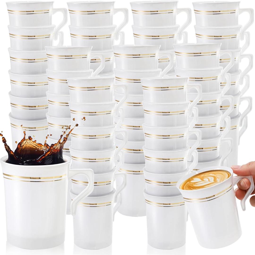 48 Pack Disposable Coffee Mugs with Handle, 8 OZ Heavyweight Gold Rimmed Tea Cups, Plastic Hot Cold Beverage Drinkware for Weddings Cafe Bridal Shower Engagement Party Camping Travel, White