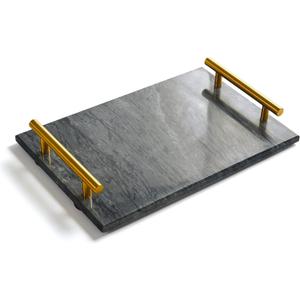 Black Real Marble Tray with Golden Handle, Natural Stone Decorative Tray with Metal Handle for Bathroom Kitchen Vanity Dresser Nightstand Desk, 11.8" x 7.9" Black