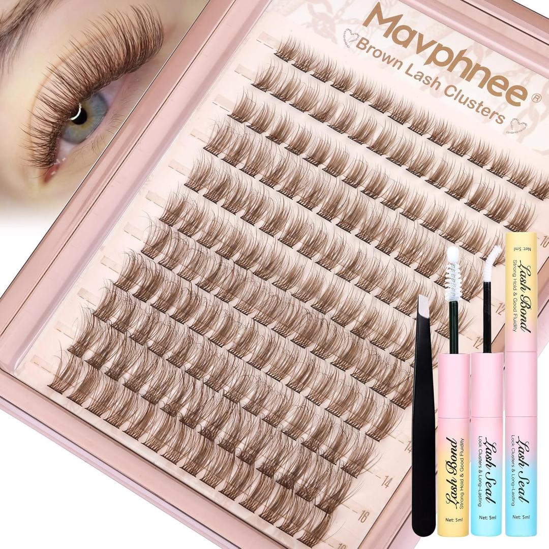 Brown Lash Clusters Kit Natural Eyelash Extension Kit Gently Fluffy Lashes Extensions C-Curly Dark Brown Cluster Lashes with Lash Bond and Seal Clear and Tweezers Daily DIY Lash Kit (154PCS, 8-16MM)