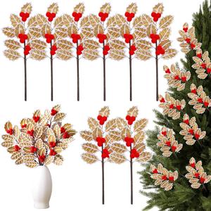 Janinka 8 Pcs Christmas Gingerbread Poinsettia Picks Tree Topper Picks with Berries Gingerbread Poinsettia Flower with Gold Glitter 11.8 Inches Christmas Tree Ornaments for Xmas Home Vase Decor