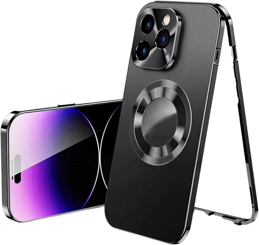 Magnetic Metal Edge Full Body Military Drop Protection for iPhone 15 Pro Max Case,Compatible with MagSafe,Rugged Built-in Privacy Screen Protector Logo View Shockproof Cover,Black