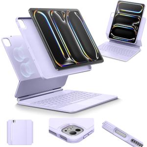 [Upgraded] ESR iPad Pro 13 Inch Case with Keyboard (M5/M4, 2025/2024), iPad Pro 13 Keyboard Case with Magnetic Stand, Portrait/Raised Modes for iPad Pro 13, Removable, Rebound 360 Series, Pirple