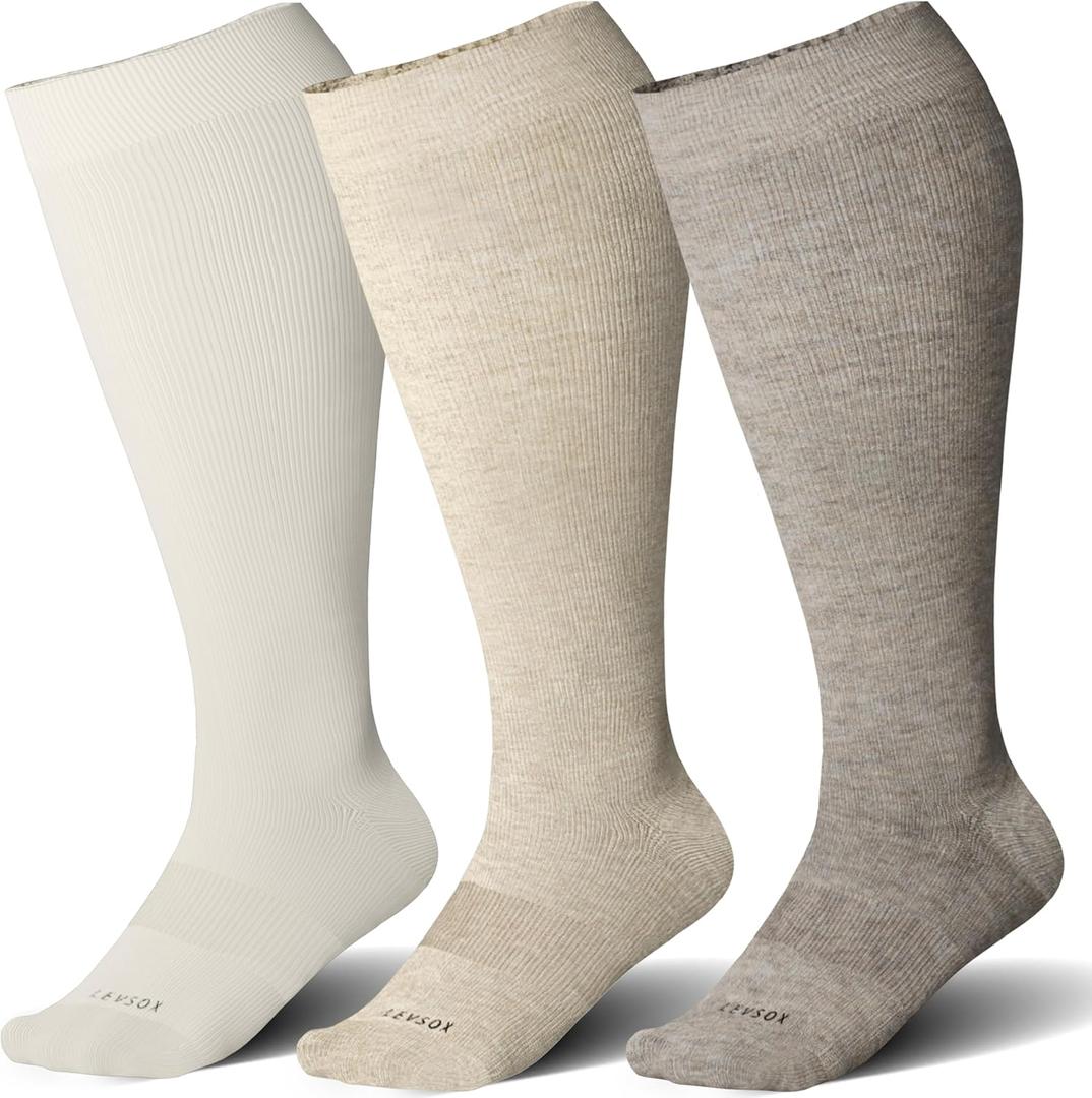 LEVSOX Wide Calf Compression Socks for Women&Men Plus Size 15-20mmHg Knee High Large Support Stockings for Circulation (3 Pairs-cream/Beige/Brown)