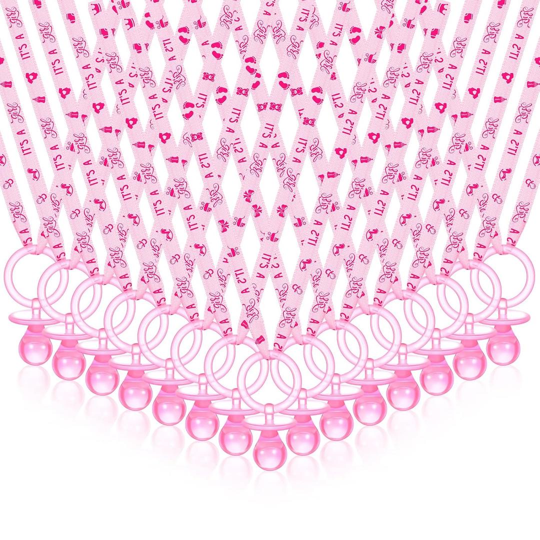 CHENGU 100 Pcs Baby Shower Favors Pacifiers Necklace, Acrylic Pacifiers Necklaces Bulk Favors for Gender Reveal Party Baby Shower Party Decorations Table Scatter(Pink)