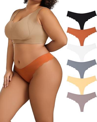 Hotcom 6 Pack Womens Plus Size Seamless Thongs, Breathable Stretch No Show Underwear, Sexy Invisible Wave Edge Panties, 4XL