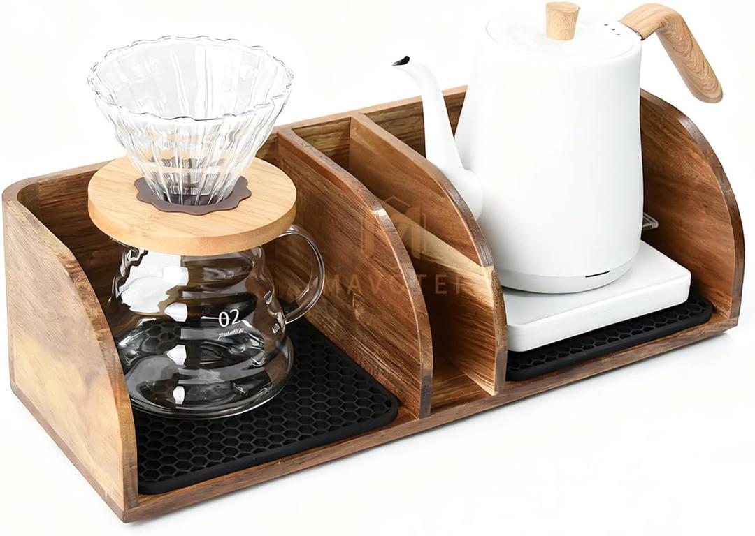 MAVOTER Acacia Coffee Bar Station Organizer Stand for Pour Over Maker, Coffee Filter Holder for Countertop ,Wooden Caddy Storage Organizers with Heatproof Mat(17.8*7*5.1 inch)