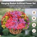Artificial Hanging Flower for Outdoors, Fake Hanging Basket for Outside,1 Hanging Basket with 13 Pcs Faux Silk Flowers for Porch, Balcony and Patio Decor (Mixed)