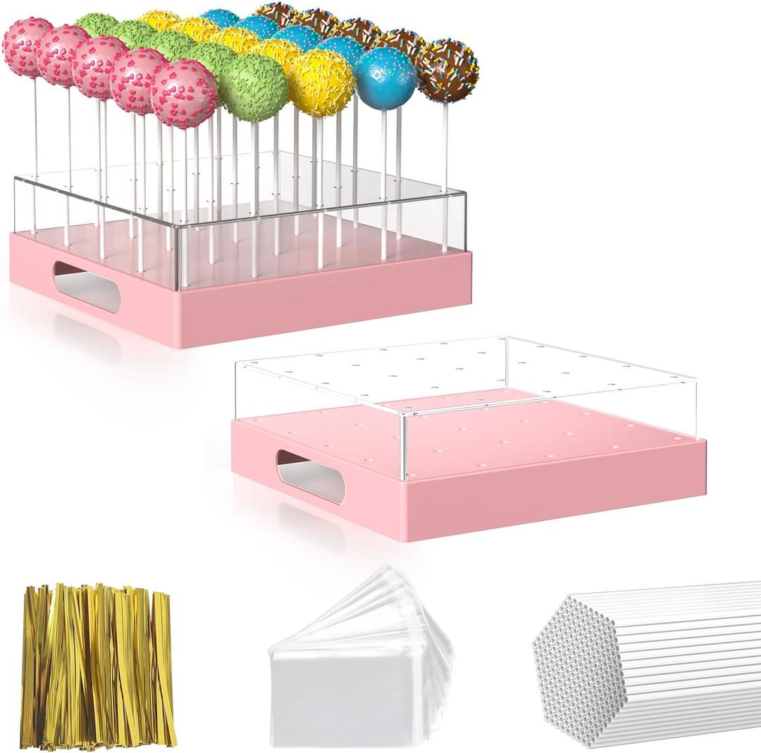 2 Pack Cake Pop Stand,25 Holes Clear Cake Pops Display Holder,Cake Pop Sticks Kit, Candy Pop Holder,cake pop mold for Party,Wedding,Birthday(Light Pink,2-Pack)