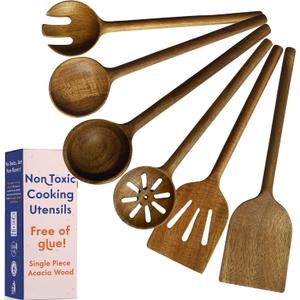 Non-Toxic Cooking Utensils 6-Piece Kitchen Utensils Set, Glue-Free & One-Piece Wooden Spoons for Cooking, Natural Wooden Utensil Set with Plant-Based Finish, Free of Forever Chemicals