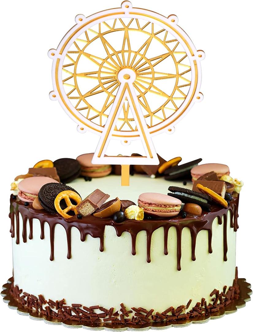 Double Layer White and Gold Ferris Wheel Acrylic Cake Topper Photo Booth Props Birthday Party Decoration Celebrations for Boys and Girls