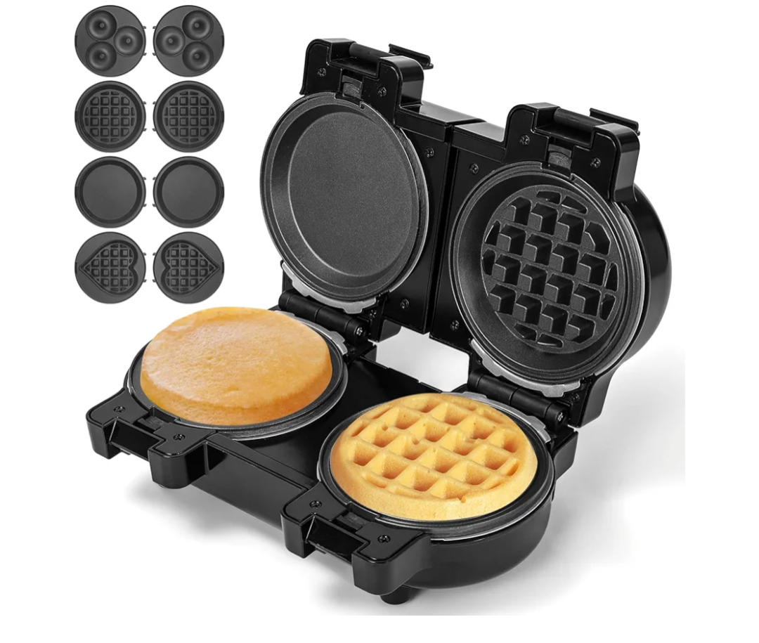 Mini Waffles Maker with 8 Removable Plates, 4 in 1 Double Small Waffle Maker Mini- Classic Waffle, Heart Waffle, Griddle, Donut, 5" Non Stick Waffle Iron for Kids and Families, Black