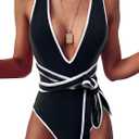 Lilosy Sexy Tie Criss Cross Plunge One Piece Thong Swimsuit High Cut Brazilian Bathing Suit (Medium, Black White)