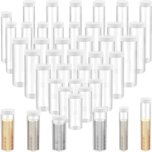 36 Pcs Plastic Coin Tubes, 6 Different Sizes Coin Holders, Clear Quarter Coin Penny Tube, Large Dollars Round Coin Storage Tube with Screw on Lid for Coins Collection Supplies