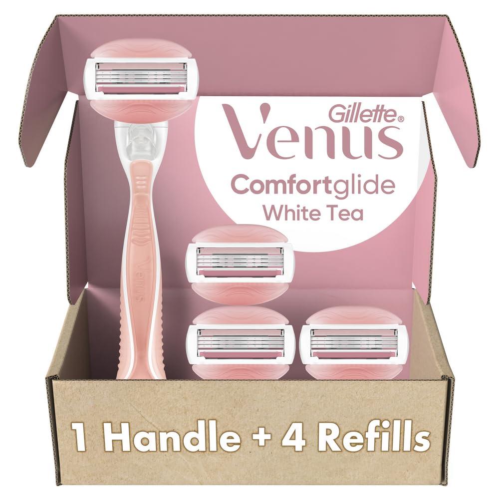 Gillette Venus ComfortGlide White Tea Women's Razor, Handle + 4 Blade Refills