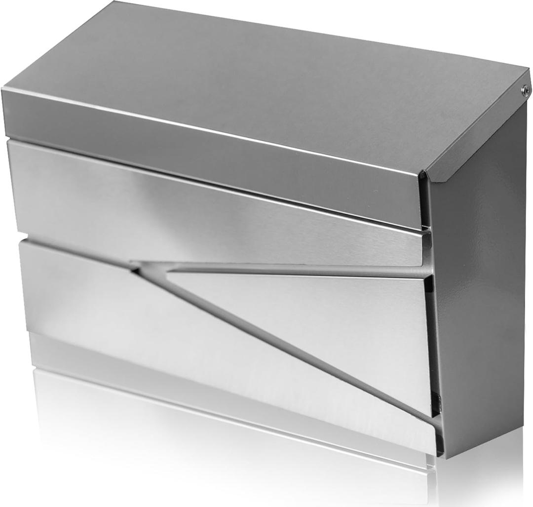 Wall Mount Mailbox, Large Capacity Mailbox for House, Galvanized Steel Rust-Proof Metal Post Box Drop Mailboxes for Outside, 15.74"9.84"4.33", Silver Modern Sleek Style