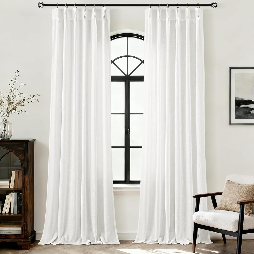 White Pinch Pleat Linen Curtains 90 inch Long 2 Panels Set for Living Room Modern Elegant Light Filtering Semi Sheer Coastal Decor Cotton Textured Gauze Curtain Triple Pleated White Drapes 90 Length