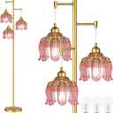 Pink Floor Lamp for Living Room,Bedroom,Gold Mid Century Modern Standing Lamp Brass Tree 3 Light Tall Floor Lamps Vintage Retro Floor Lights Glass Flower Lamp Shade Girls Kids Boho Bohemian