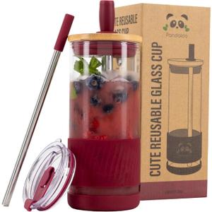 Pandaloo Glass Cups With Lids and Straws -20 Fl Oz- Perfect Size Iced Coffee Cup - Smoothie Cup With Bamboo Lid and On the go Lid - Glass Tumbler With Straw (1 Count (Pack of 1), Boysenberry)