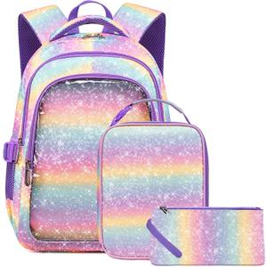 Unicorn Girls Backpack with Lunch Box for Kids Gradient Rainbow Glitter Bookbag for Age 4-6 6-8 8-10 School Bag for Primary Kindergarten Elementary Pre School Aesthetic Lightweight Mochila Para Nias (Macaron)