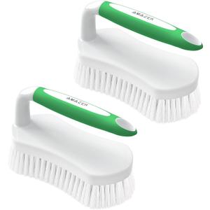 Amazer Scrub Brush for Cleaning Comfort Grip Shower Scrubber Stiff Bristles with Handle Heavy Duty Cleaner Brush for Tub Sink Carpet Floor - Pack of 2 (Green+Green)