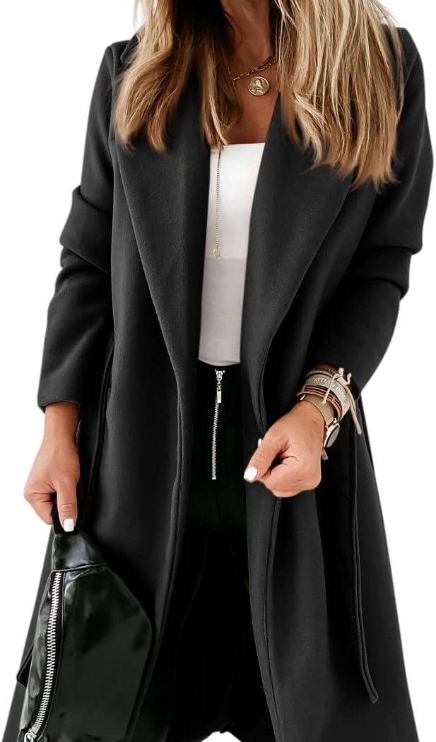 Women's Classic Coat Lapel Collar Open Front Belted Long Jacket (Medium, Black)