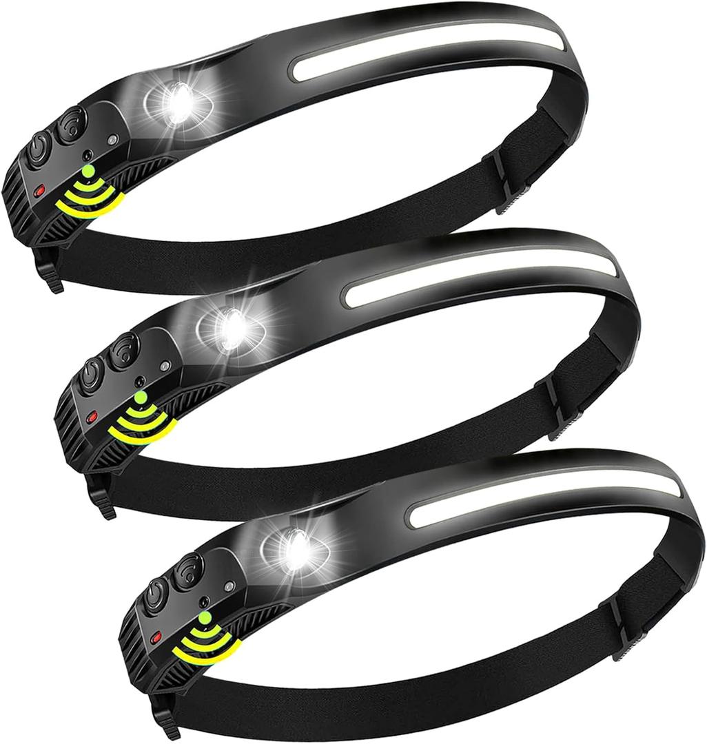 Rechargeable Headlamps 3 Packs,LED Head lamp Rechargeable,2000mAh Battery Powered Motion Sensor 5 Modes,Super Bright Headlamps for Adults,Type-C USB Charging for Hard Hat Outdoor Camping Hiking