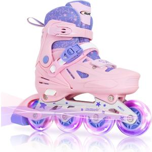 Nattork Inline Skates for Girls and Boys Kids, 4 Sizes Adjustable Inline Skates with Light up Wheels, Illuminating Beginner Roller Skates for Kids & Adult Youth (pink)