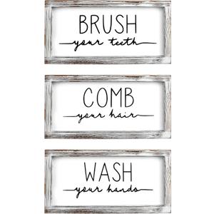 LIBWYS Bathroom Sign & Plaque (Set of 3) Wash Your Hands Brush Your Teeth Comb Your Hair Bath Art Natural Wood Decorative Farmhouse Bathroom Decor (White frame on white background)