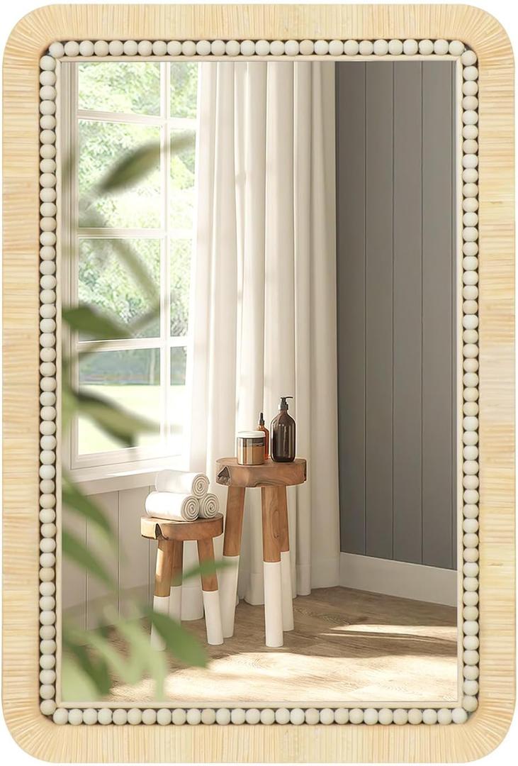 ULIKE Rattan Mirror for Bathroom, 22x30 Inch Rectangle Rustic Farmhouse Wall Decor with Handmade Wicker Frame, Boho Mirror for Nursery Bedroom Living Room Entryway (Rectangular)