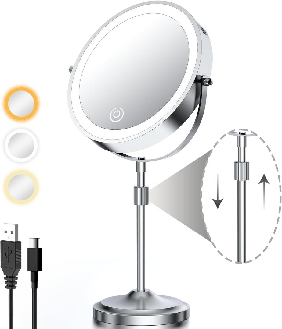 9" Lighted Makeup Mirror with 1X 10x Magnification, 5000mAh Rechargeable Led Magnifying Vanity mirror with lights, 3 Lighting Color, Brightness Dimmable Height Adjustable Cosmetic Mirror Chrome