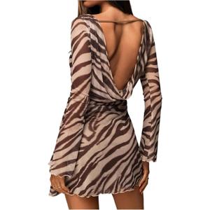 Verdusa Women's Animal Print Dress Draped Backless Mesh Mini Dresses Going Out Festival Rave Party Outfits (Brown, M)