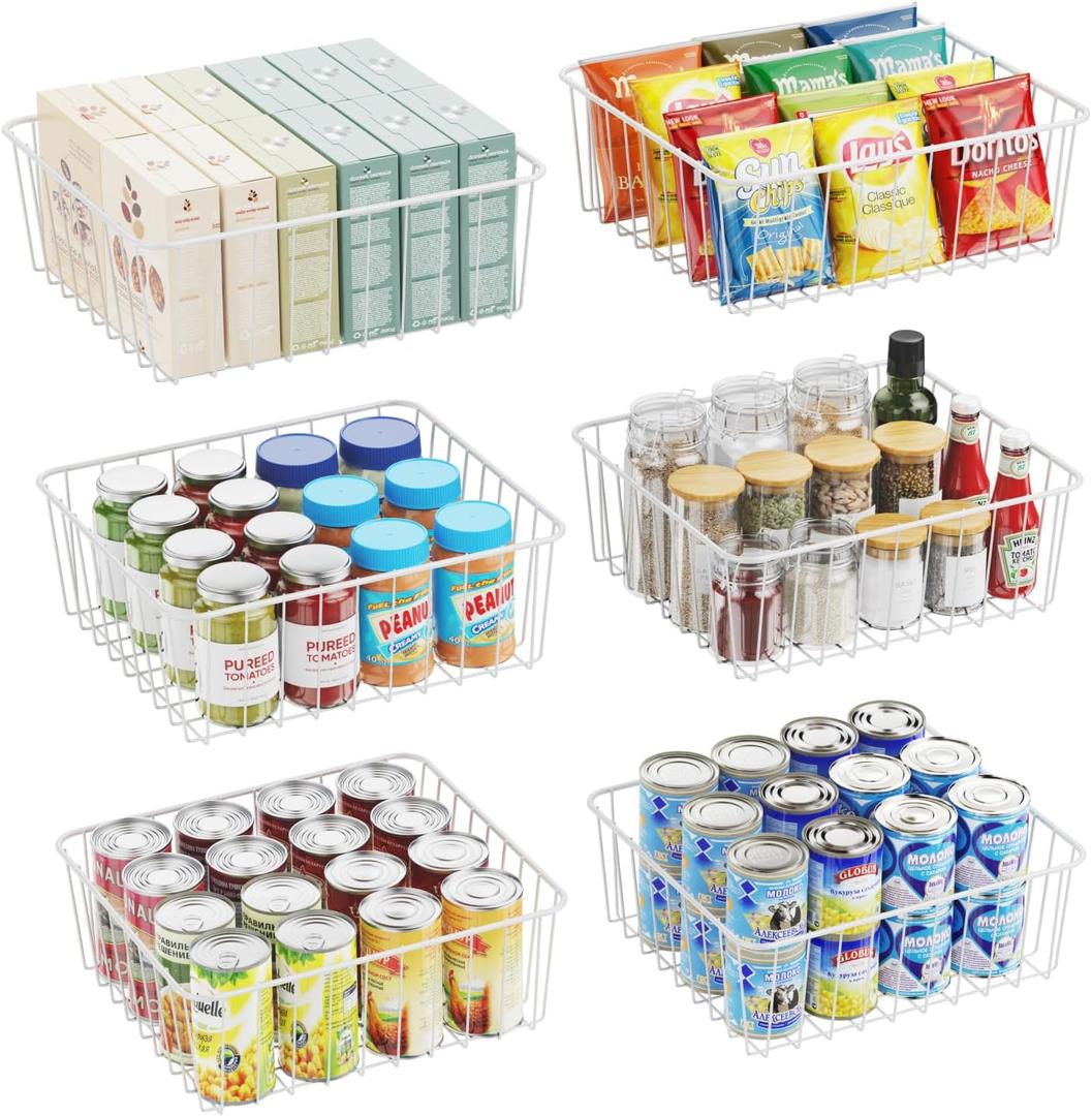 iSPECLE Wire Baskets - 6 Pack Wire Baket for Storage, Pantry Baskets Organizer Bins, Cabinet Storage Organization for Easily Get Items, White