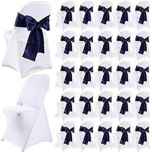 Lounsweer 50 Pcs Stretch Spandex Folding Chair Cover and Satin Chair Sashes Bows Chair Slipcovers Pink Chair Ribbon Bows Washable Chair Cover Protector for Wedding Banquet Event (White, Dark Blue)