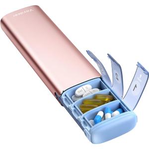 Vaydeer Metal Travel Pill Organizer, 7 Day Weekly Pill Box, Large Capacity Daily Cute Pill Case for Supplements, Pills, Vitamins and Medication (Small, Rose Gold)