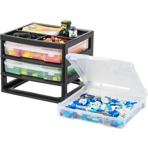 IRIS USA Fits 12" x 12" Paper, 3-Tier Scrapbook Storage Unit with Organizer Top, for Building Blocks Tools Office Art & Craft Supplies, Desktop, 3 Clear Cases w/ Built in Handle - Black/Clear