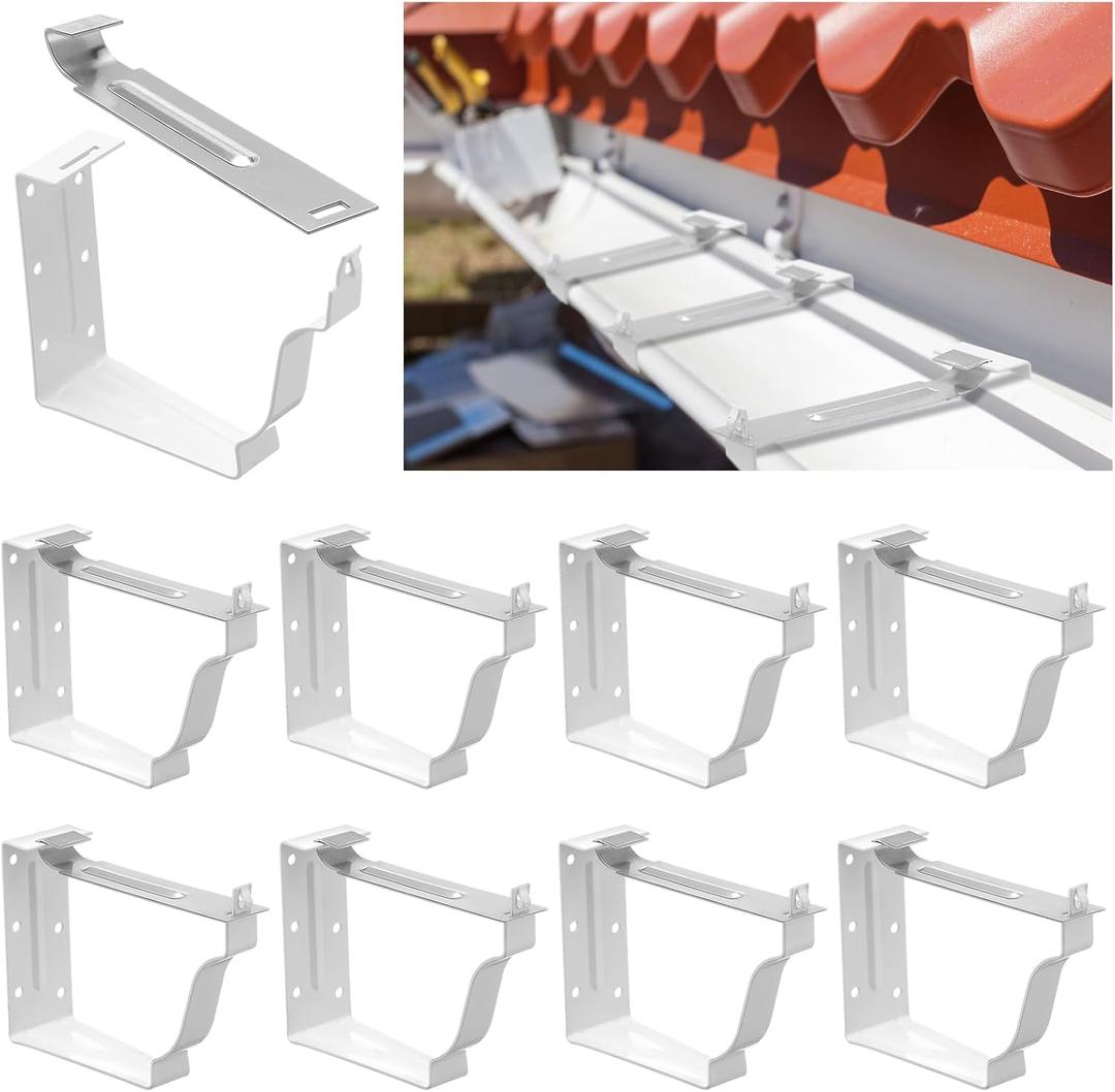Moxweyeni 10 Pack Gutter Brackets 5 Inch Gutter Hangers Heavy Duty Hidden Rain Brackets with Pre-Inserted Screw, Aluminum Exterior Hook Parts Repairing Sagging Tool (White)
