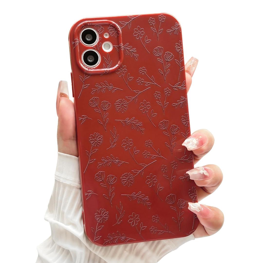 NITITOP for iPhone 12 Case Cute Flower Floral Leaves - Wine Red